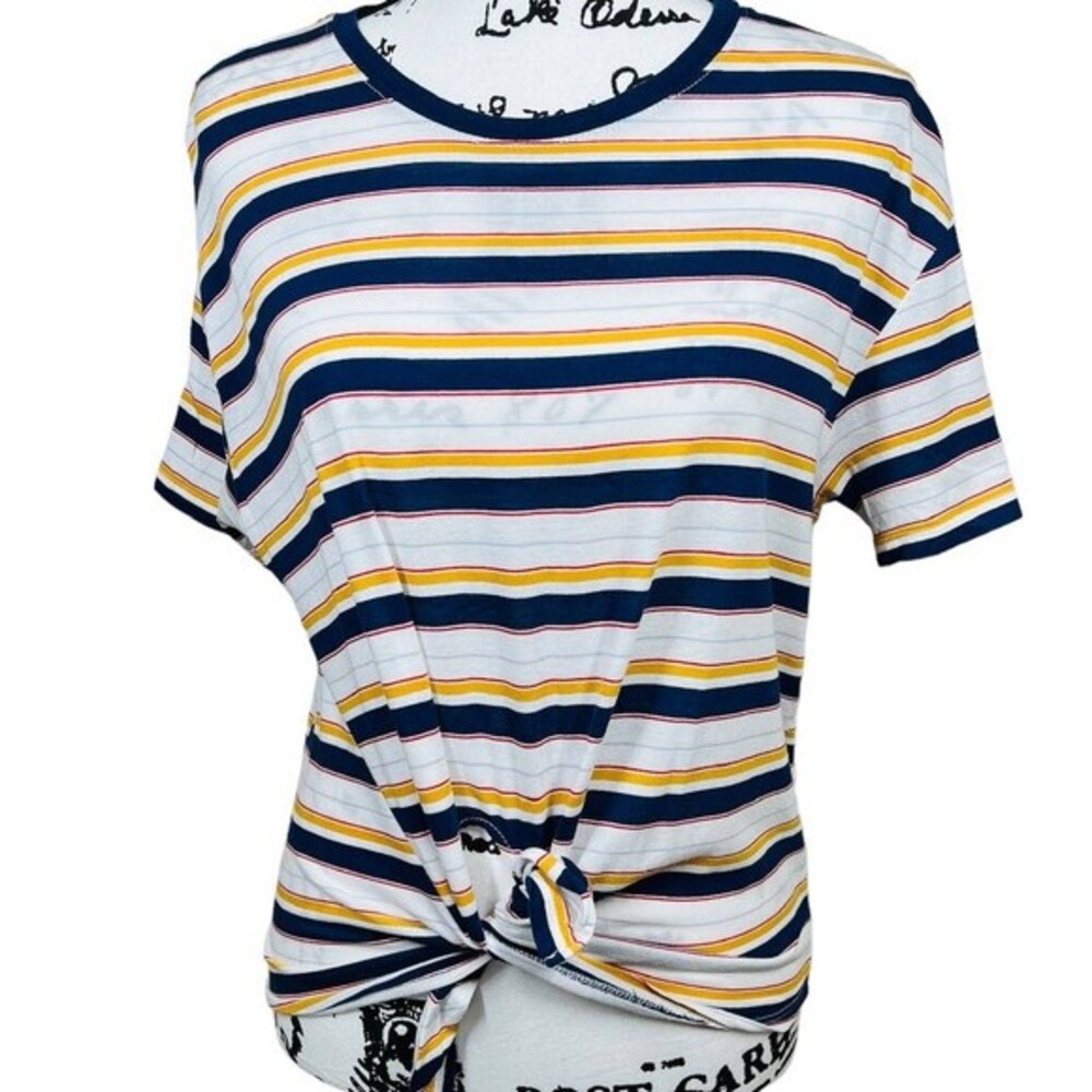 Garage Blue tee short sleeve crew neck striped  front knot top size L costal